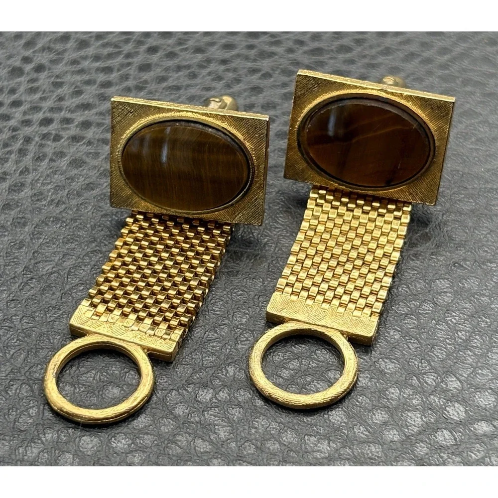 Vintage Tiger Eye Gold Tone Mesh Wrap Around Cufflinks